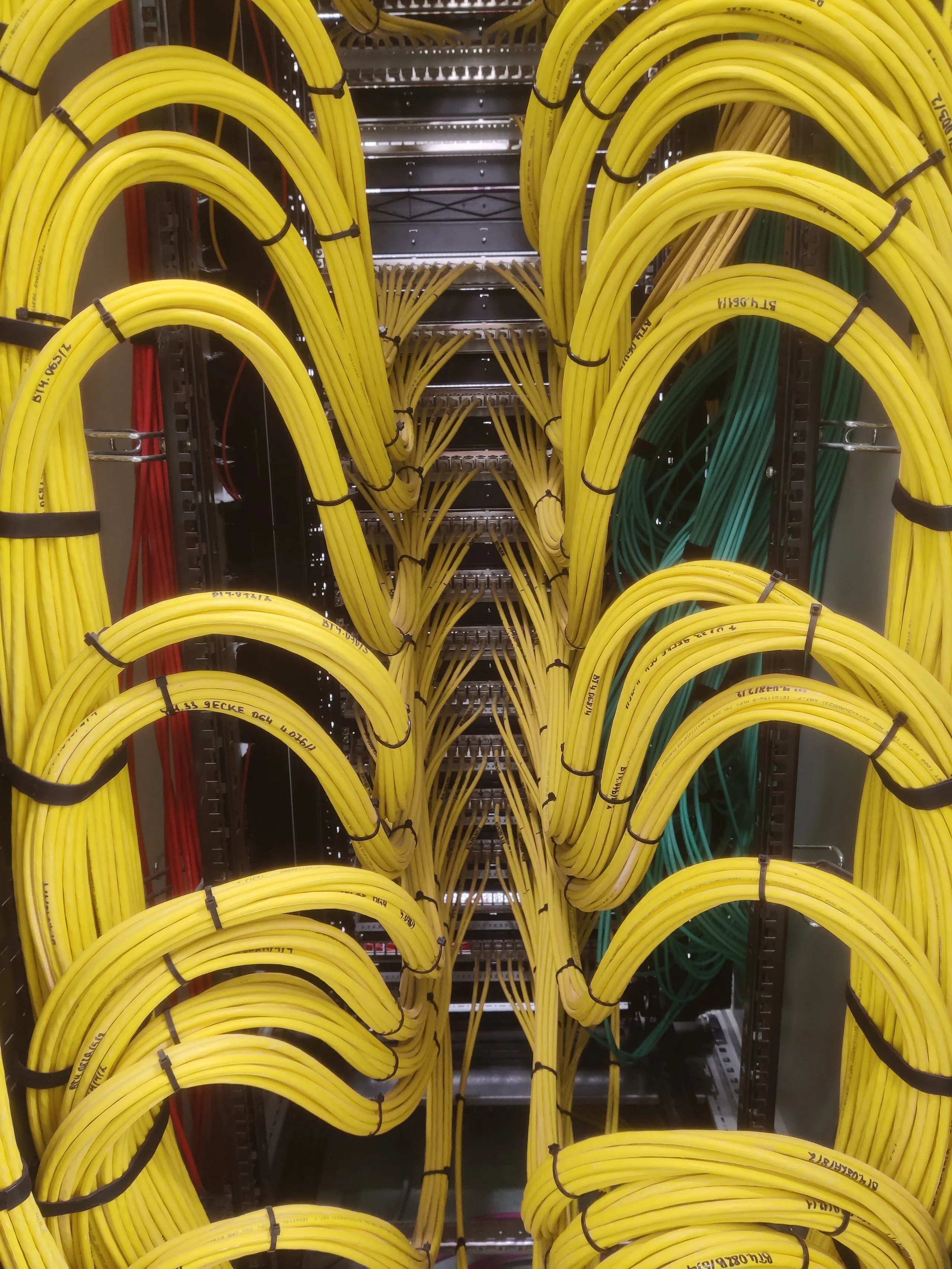 Yellow network patch cables looped in symmetrical bundles on the rear of a rack patch panel